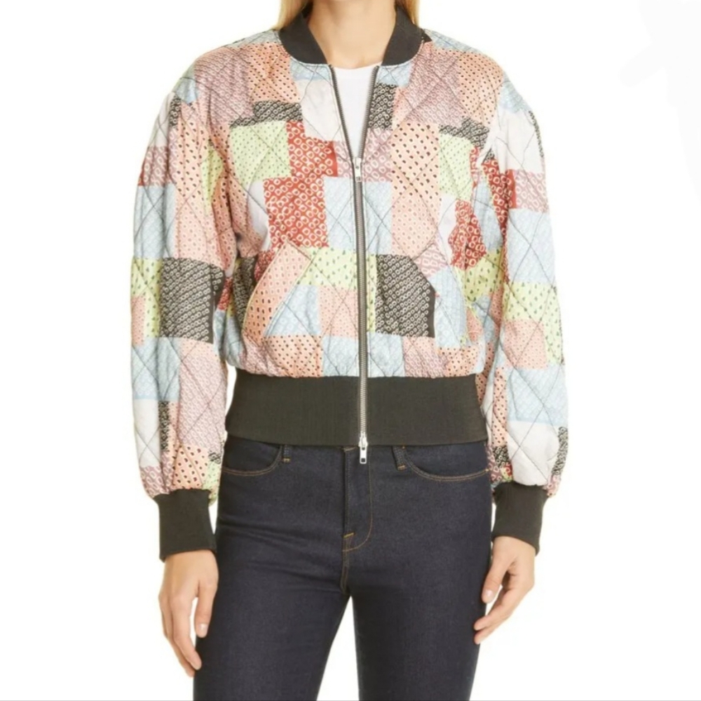 CING À SEPT‎ Yvonne Patchwork Bomber Jacket Cantaloupe Multi Women's XS